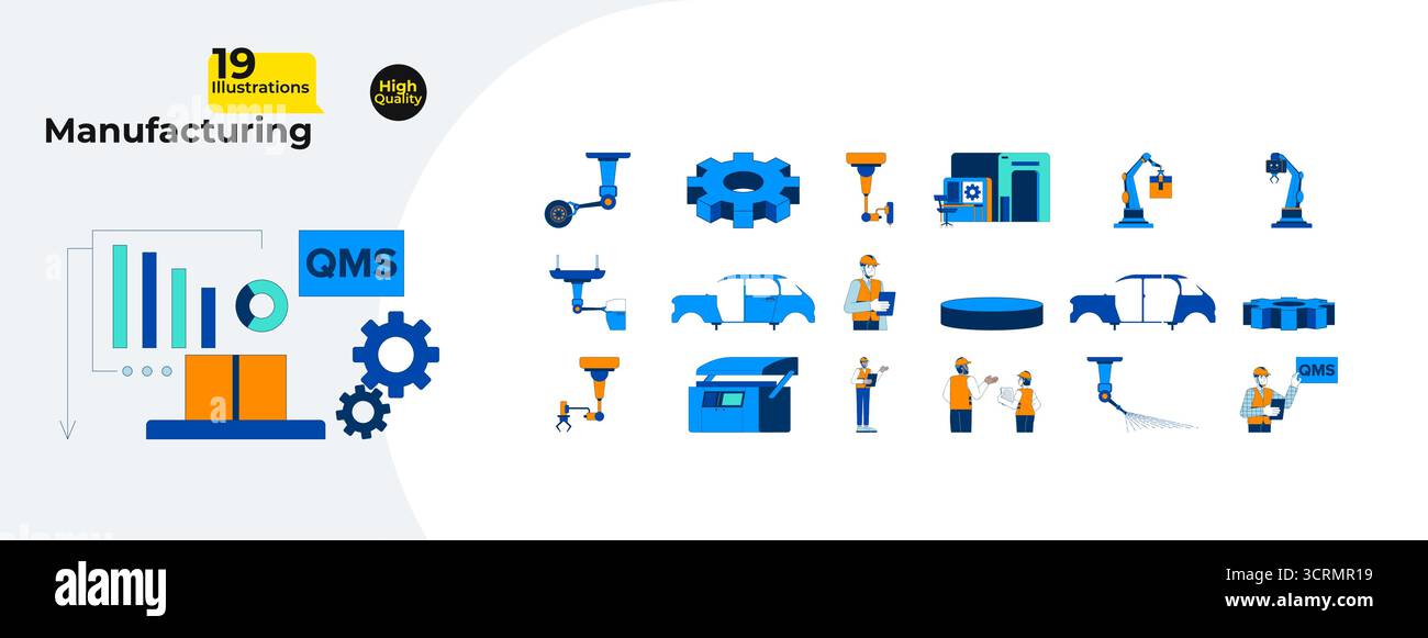 Manufacturing and industrial production process cartoon flat illustrations mega bundle Stock Vector