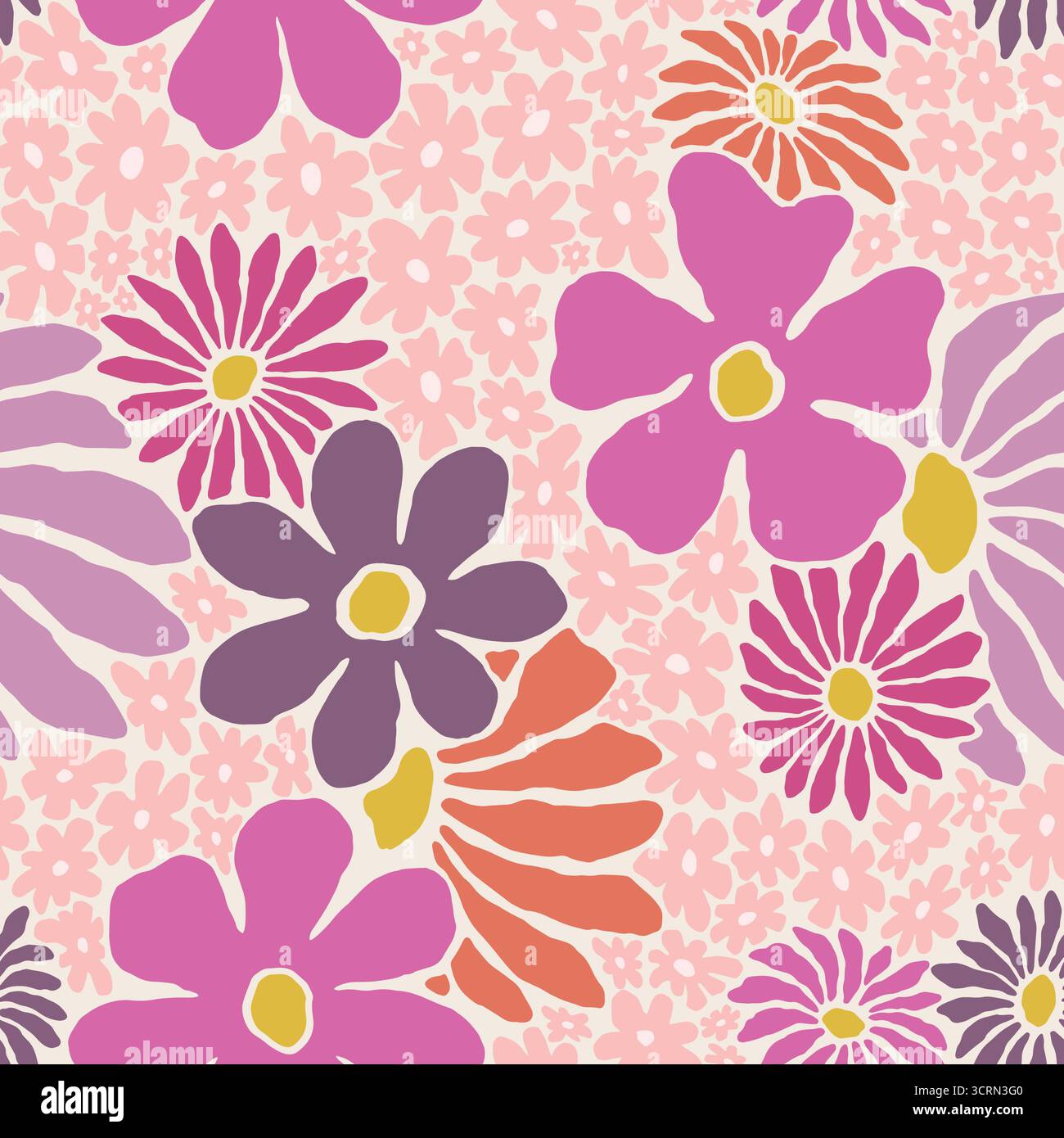 Bold Retro Florals seamless pattern. Vector illustration flat design background. Stock Vector