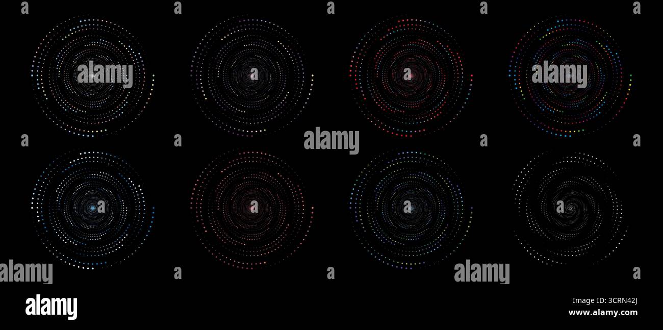Abstract dot swirl swirl elements set, Circular vector logo elements on black background Stock Vector