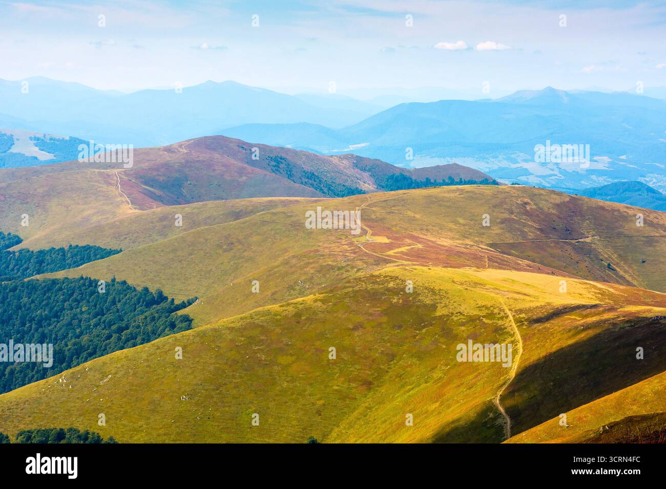 hiking path for mountain tourism in late summer. alpine landscape of ukraine. beautiful scenery of borzhava ridge with grassy rolling hills under blue Stock Photo