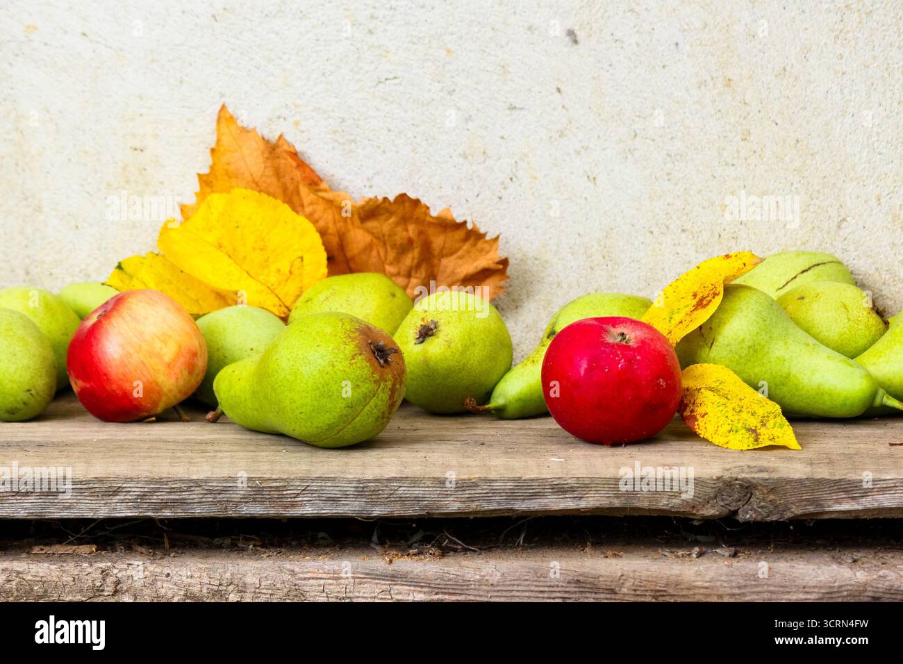 rural harvest in autumn. fruits on wooden background. fresh pears and ripe apples with yellow leaves laying on the board. rustic organic still life co Stock Photo