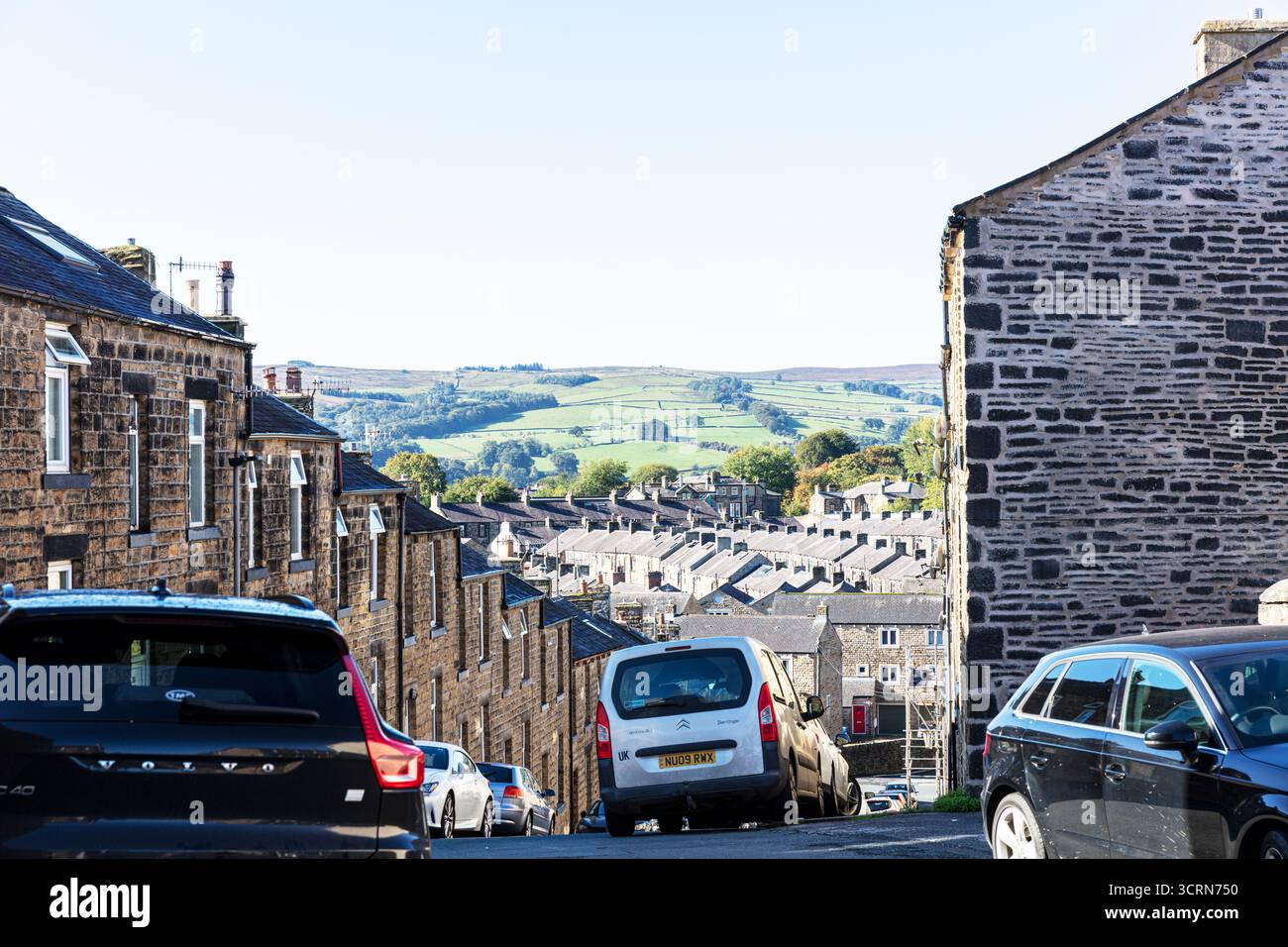 Skipton town houses, Skipton, Yorkshire, UK, England, Skipton Estate, terrace houses, houses, market, homes, street, road, rooftops, town houses,urban Stock Photo