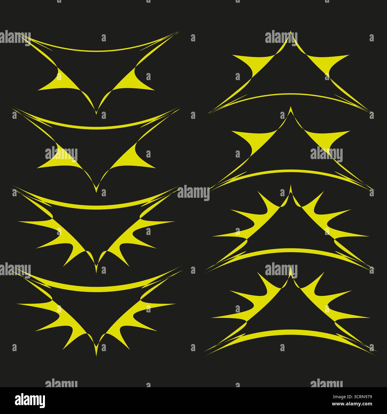 Explosion triangles set. Dynamic burst shapes. Yellow accent Vector. Dark background elements. EPS 10. Stock Vector