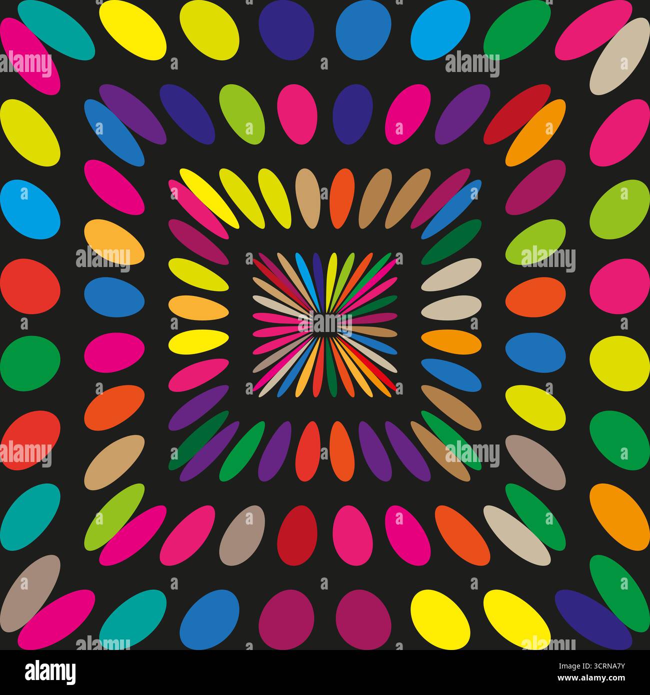 Vibrant oval field. Multicolor dot spiral. Hypnotic pattern Vector. Dark background energy. EPS 10. Stock Vector
