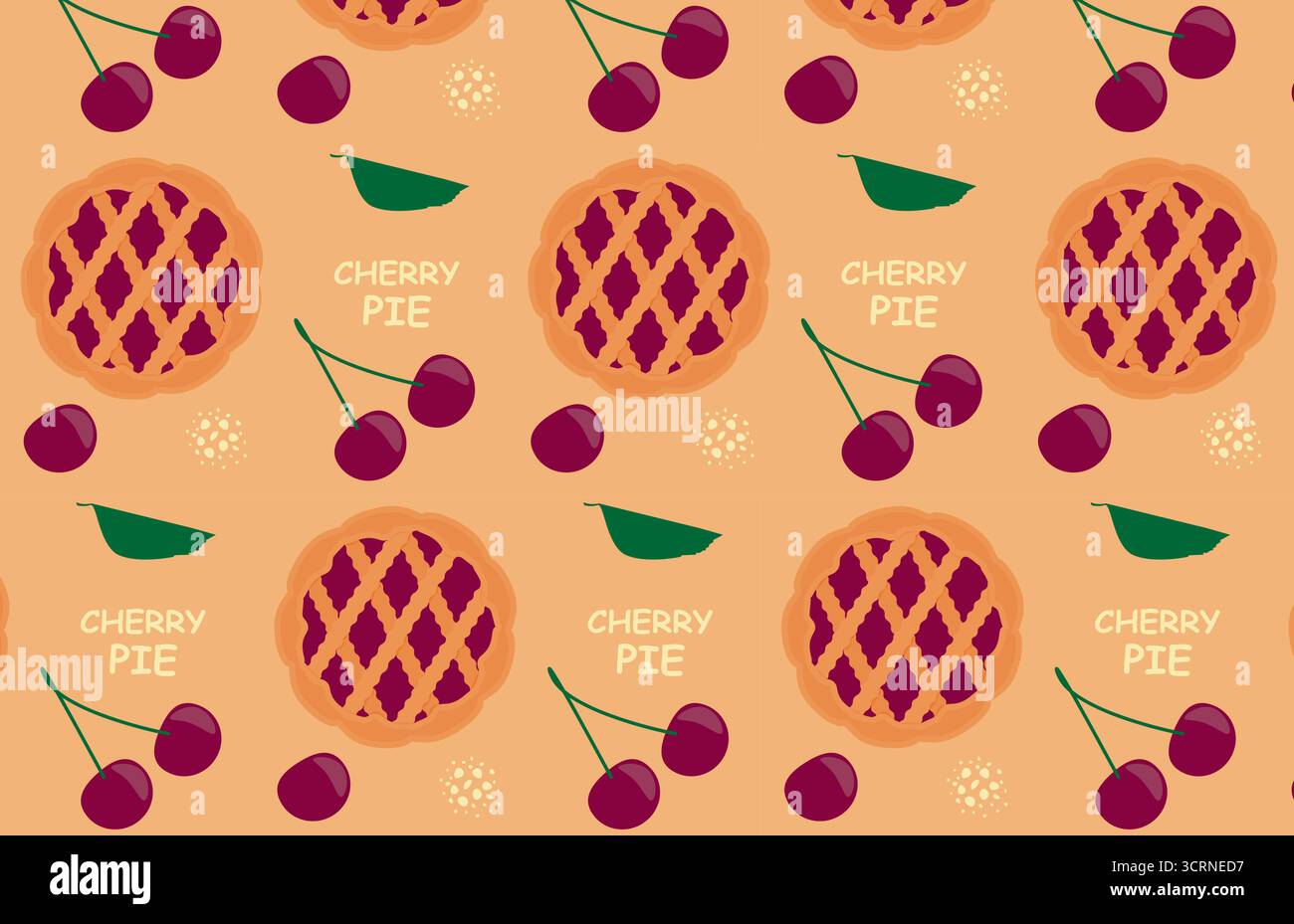 Vector seamless pattern with pies and cherries, delicious round dessert. Top view of the pie. Stock Vector