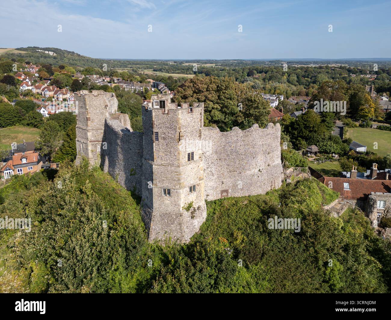 LEWES, EAST SUSSEX, ENGLAND - SEPTEMBER 07, 2025: Aerial view shows Lewes Castle in East Sussex, England Stock Photo