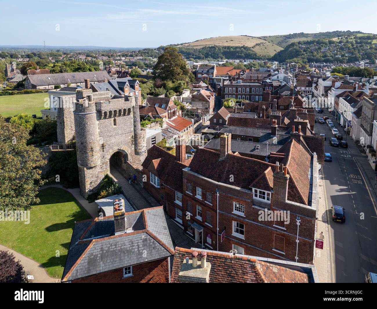 LEWES, EAST SUSSEX, ENGLAND - SEPTEMBER 07, 2025: The Barbican Gate at Lewes Castle in East Sussex, England, is a fortified stone gateway Stock Photo