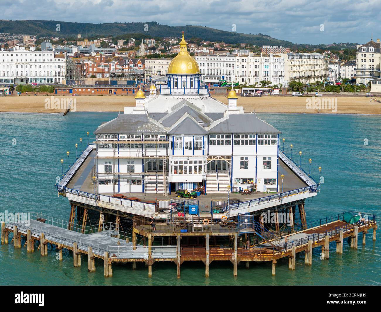 EASTBOURNE, EAST SUSSEX, ENGLAND - SEPTEMBER 08, 2025: Close up aerial of Eastbourne Pier, East Sussex, England Stock Photo