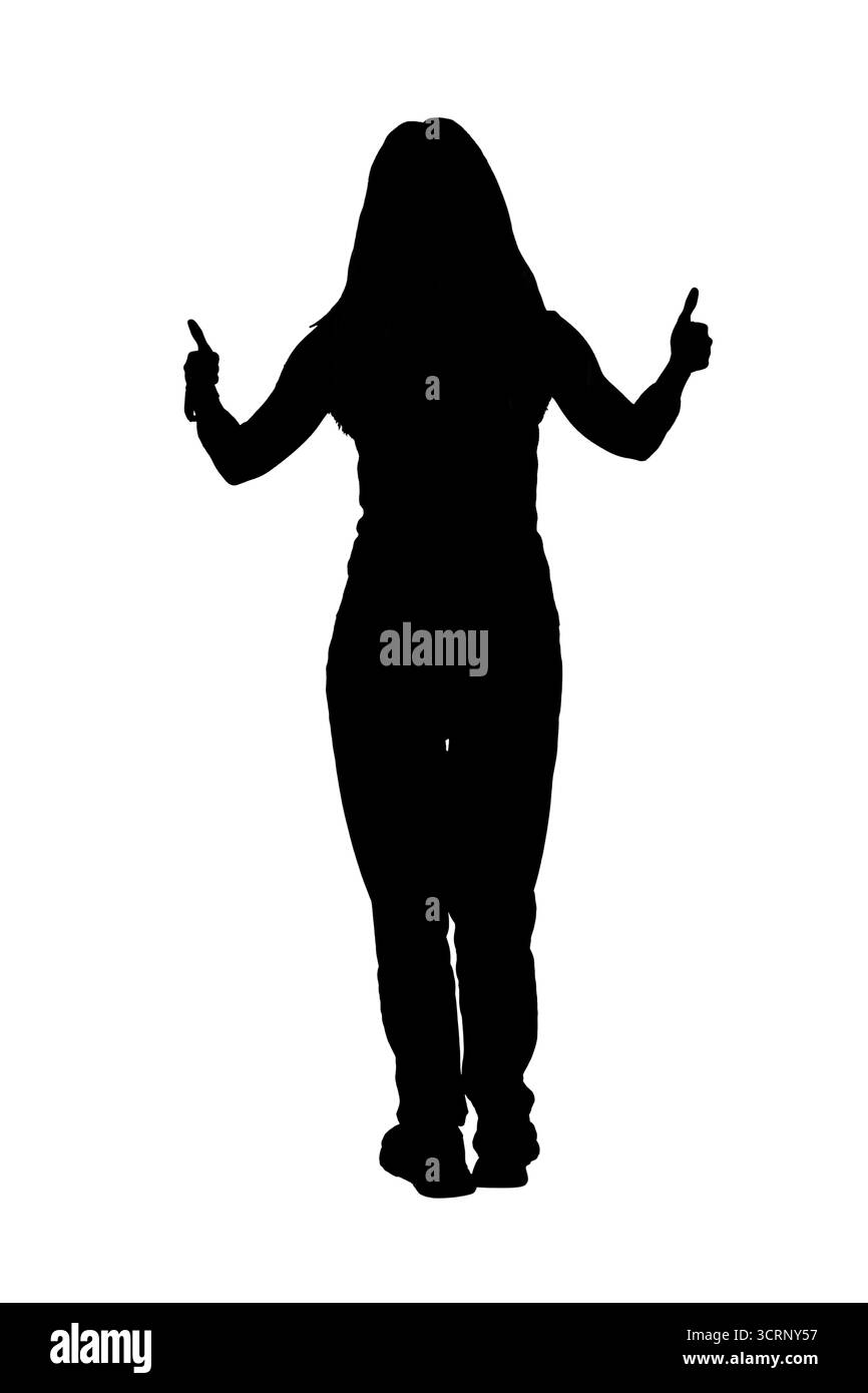 silhouette of   back view of a woman showing thumbs up on white background Stock Photo