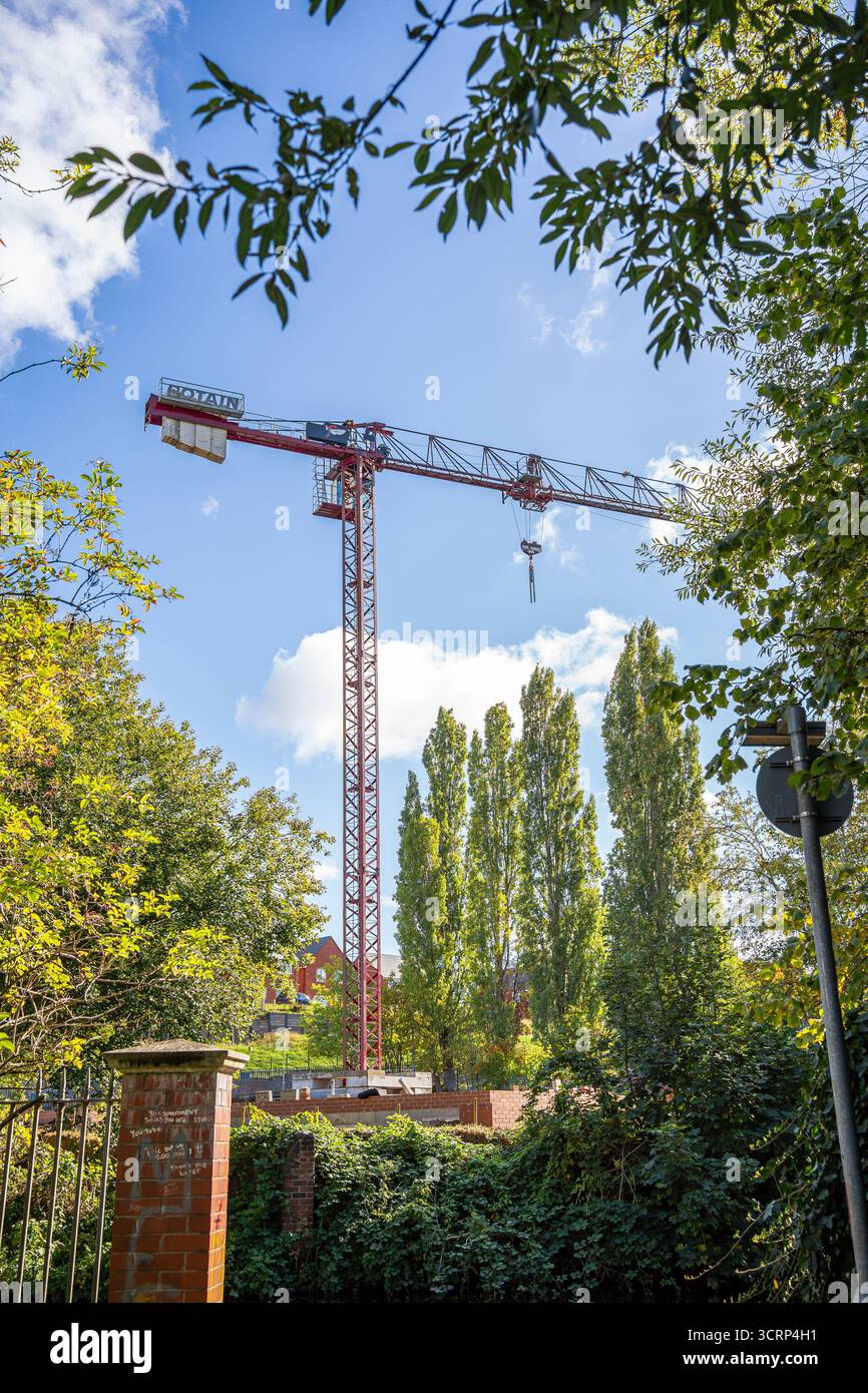 Potain crane, view from the ground upwards to the crane. Stock Photo