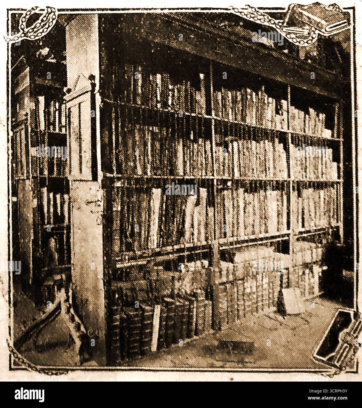 A 1908 printed image of the chained library at Wimborne Minster, Dorset ...