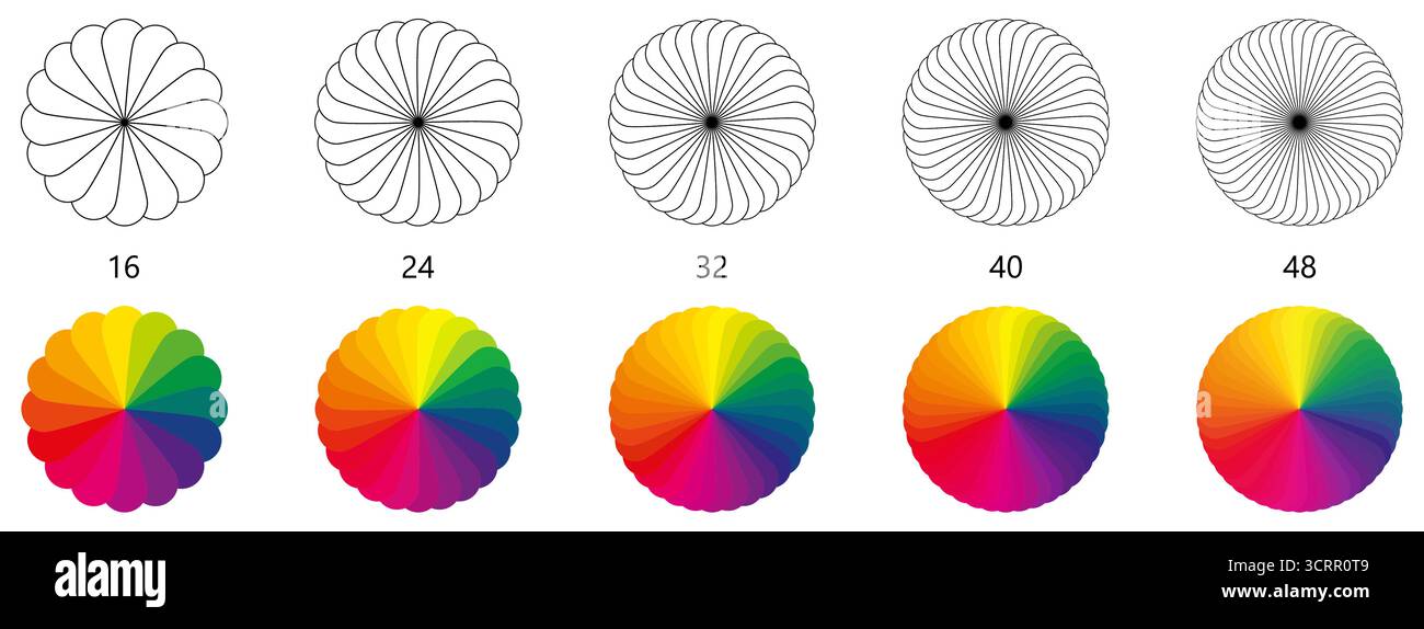 Colour palette wheel shaped like flower rosette. Version with 16 to 48 ...