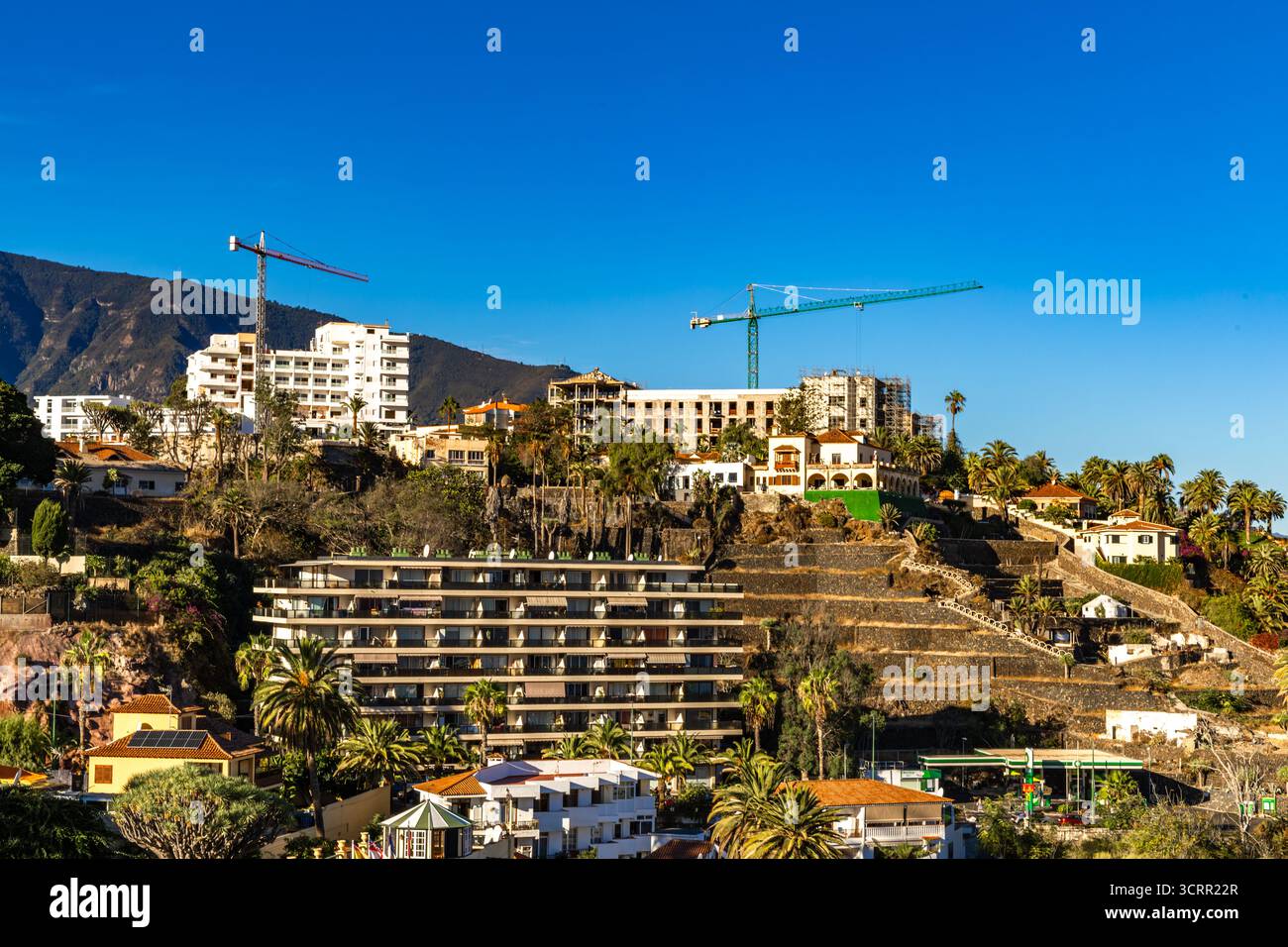Panorama of the city of Puerto de la Cruz, early morning hours, sunrise, hotels and holiday homes on the shores of the Atlantic Ocean Stock Photo