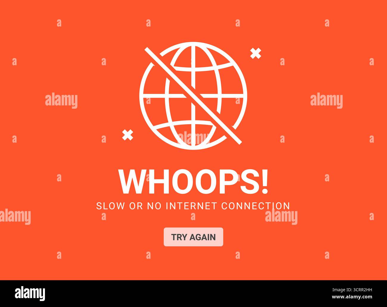 No Internet Connection Warning Screen Globe offline error alert. Disconnect network connection slow loading Stock Vector