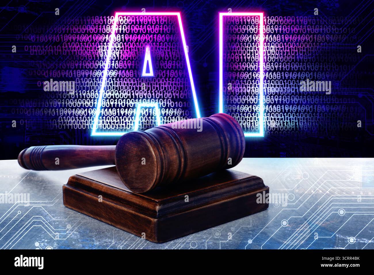 Artificial intelligence and judicial system. Judge's gavel on table with circuit board pattern and AI abbreviation with binary code Stock Photo