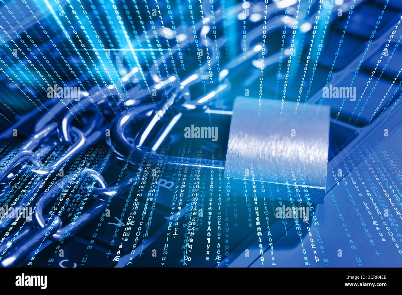 Padlock with chain on laptop, toned in blue. Programming codes. Cyber security Stock Photo