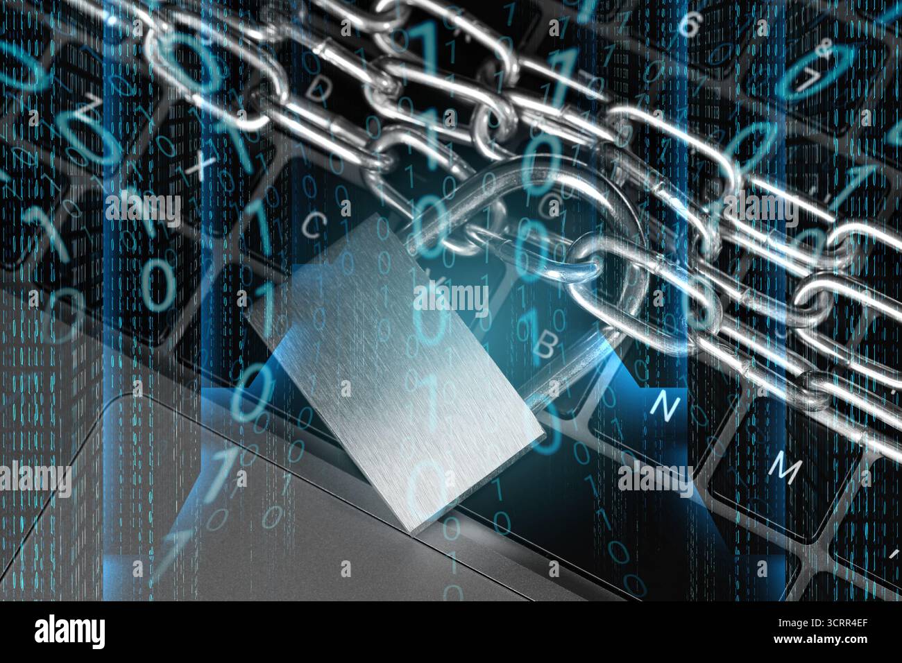 Padlock with chain on laptop, top view. Binary code. Cyber security Stock Photo