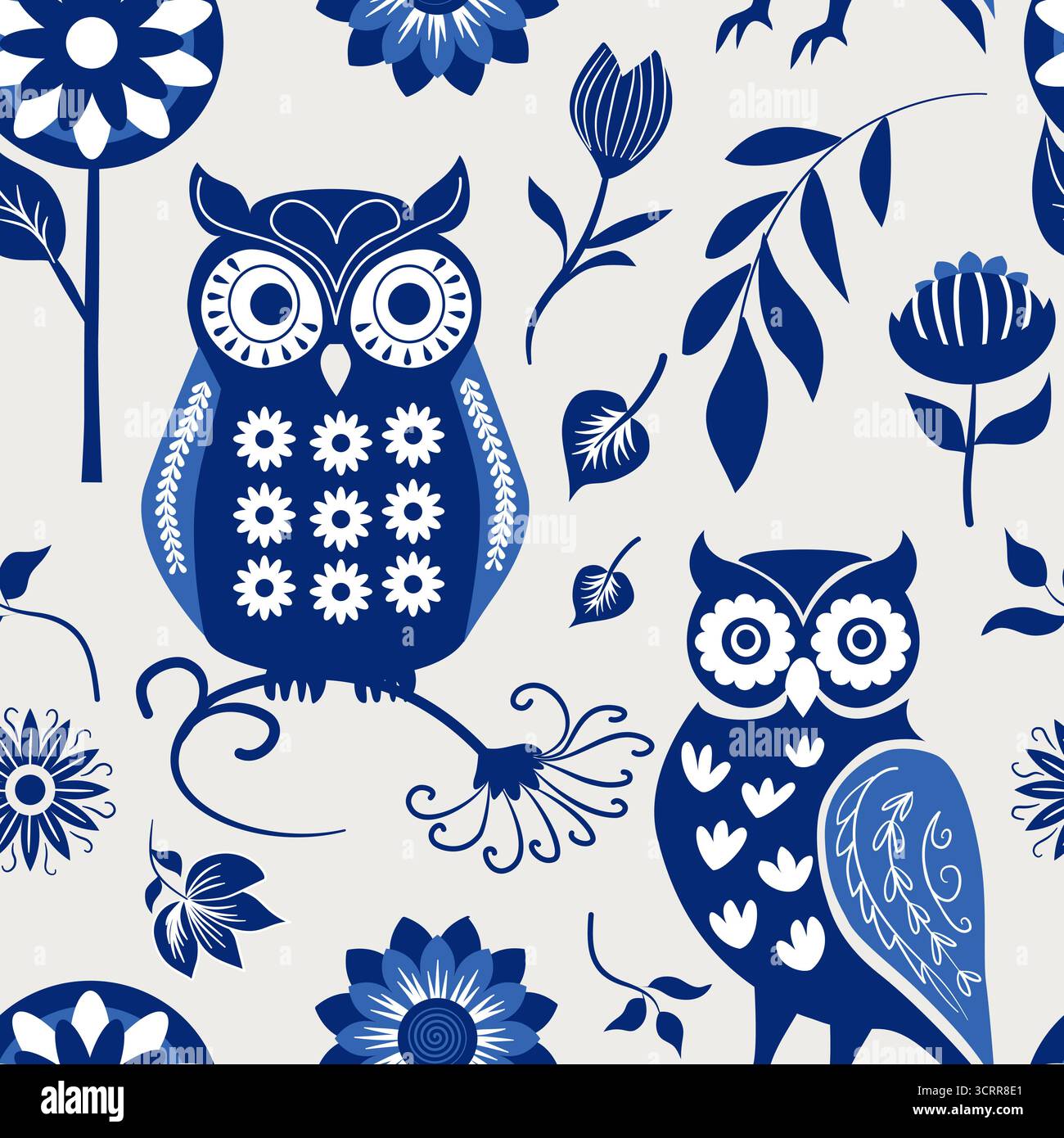 Vector seamless pattern with decorative owls, flowers and leaves in ...