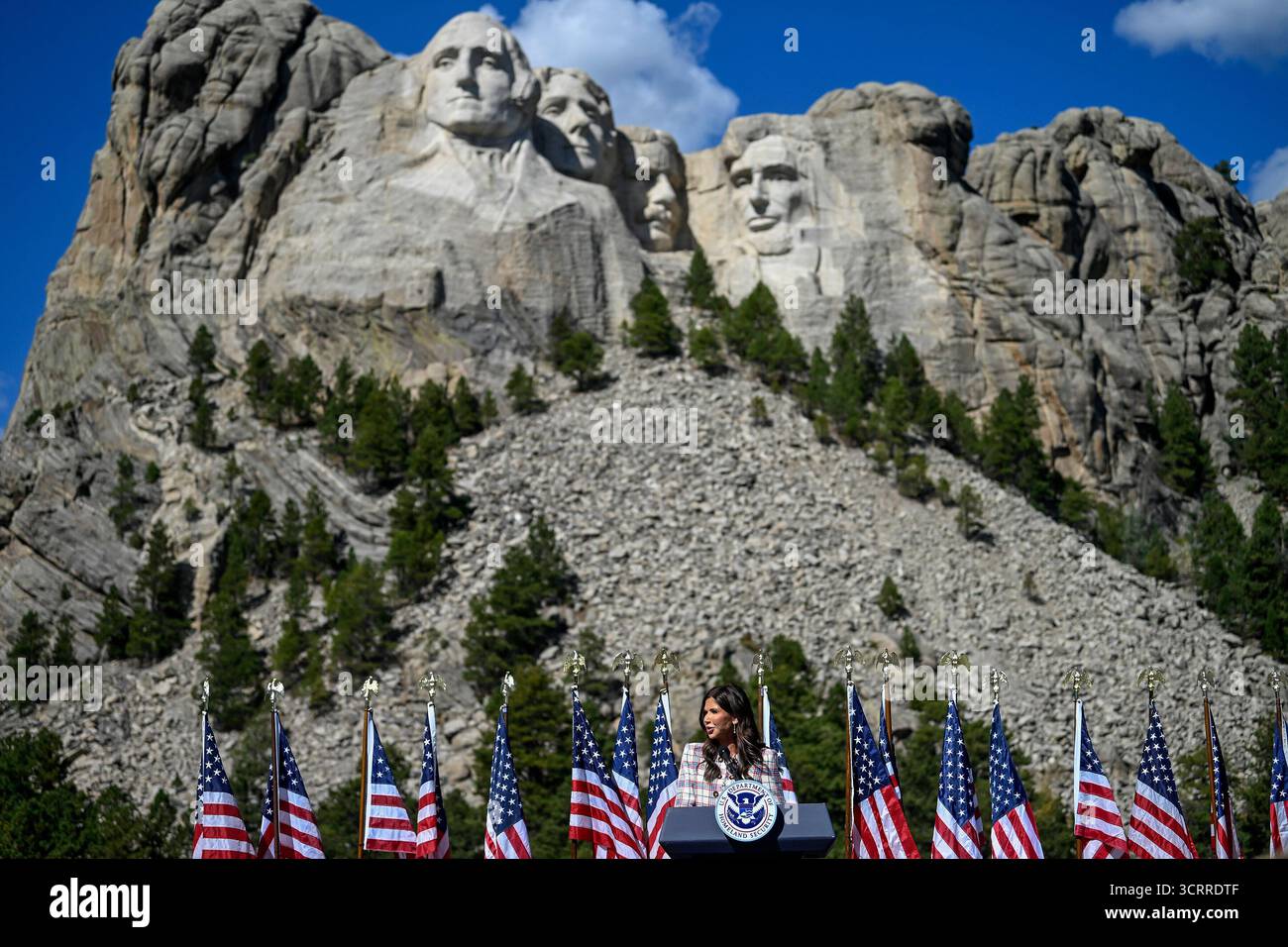 U.S. Secretary of Homeland Security Kristi Noem gives th…