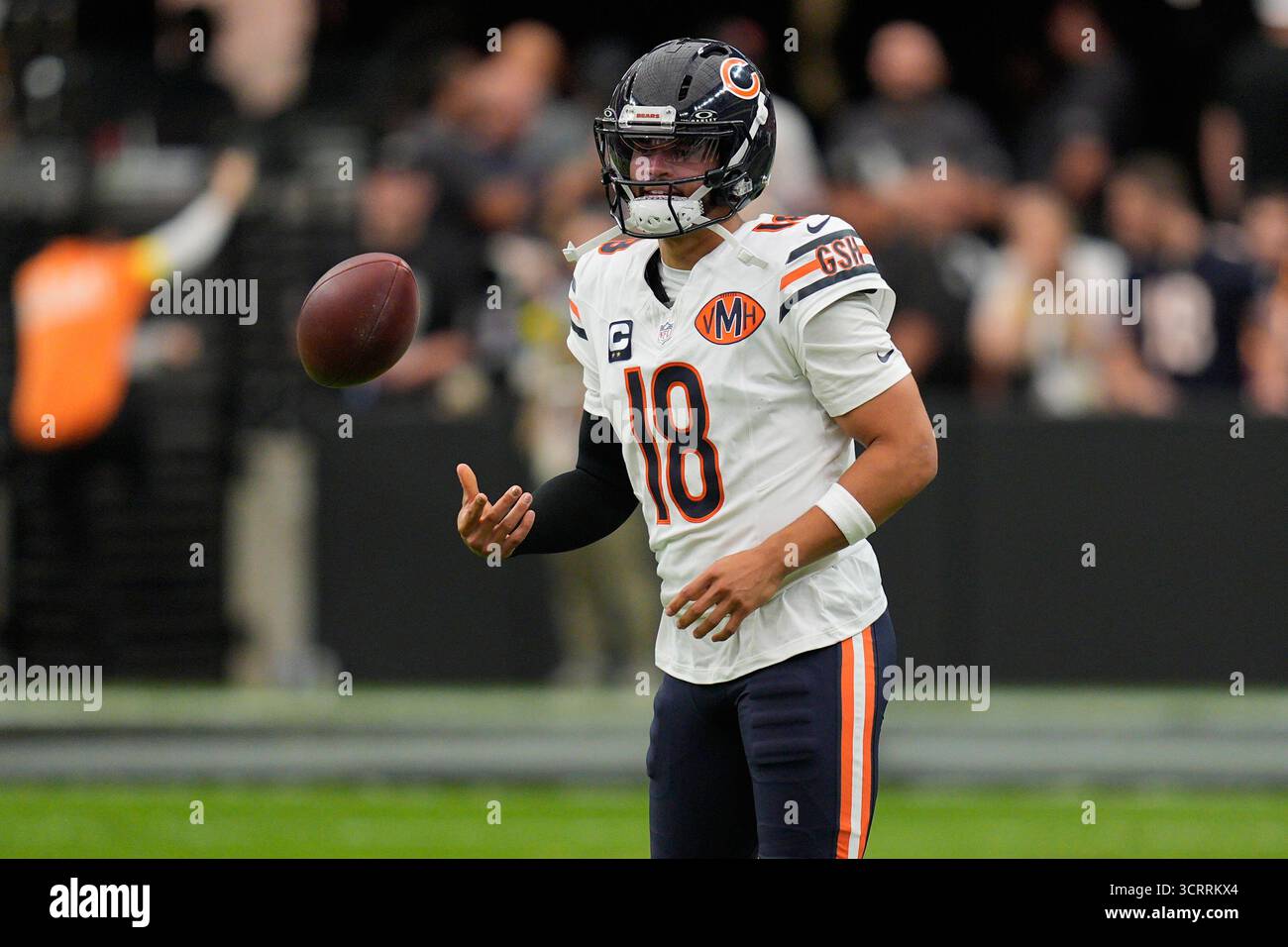 Chicago Bears quarterback Caleb Williams (18) warms up before an NFL ...