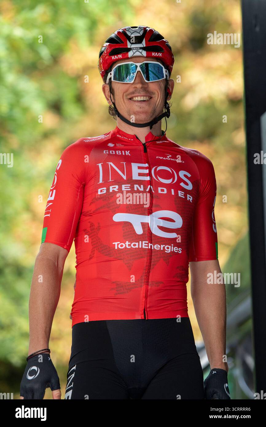 21st Tour of Britain 2025, Pontypool, Wales Geraint Thomas onstage being presented to fan and supporters before stage 5. Team Ineos Grenadies Stock Photo