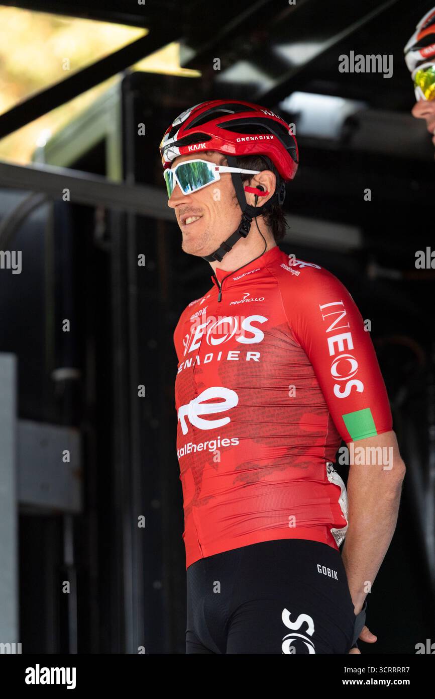 21st Tour of Britain 2025, Pontypool, Wales Geraint Thomas onstage being presented to fan and supporters before stage 5. Team Ineos Grenadies Stock Photo