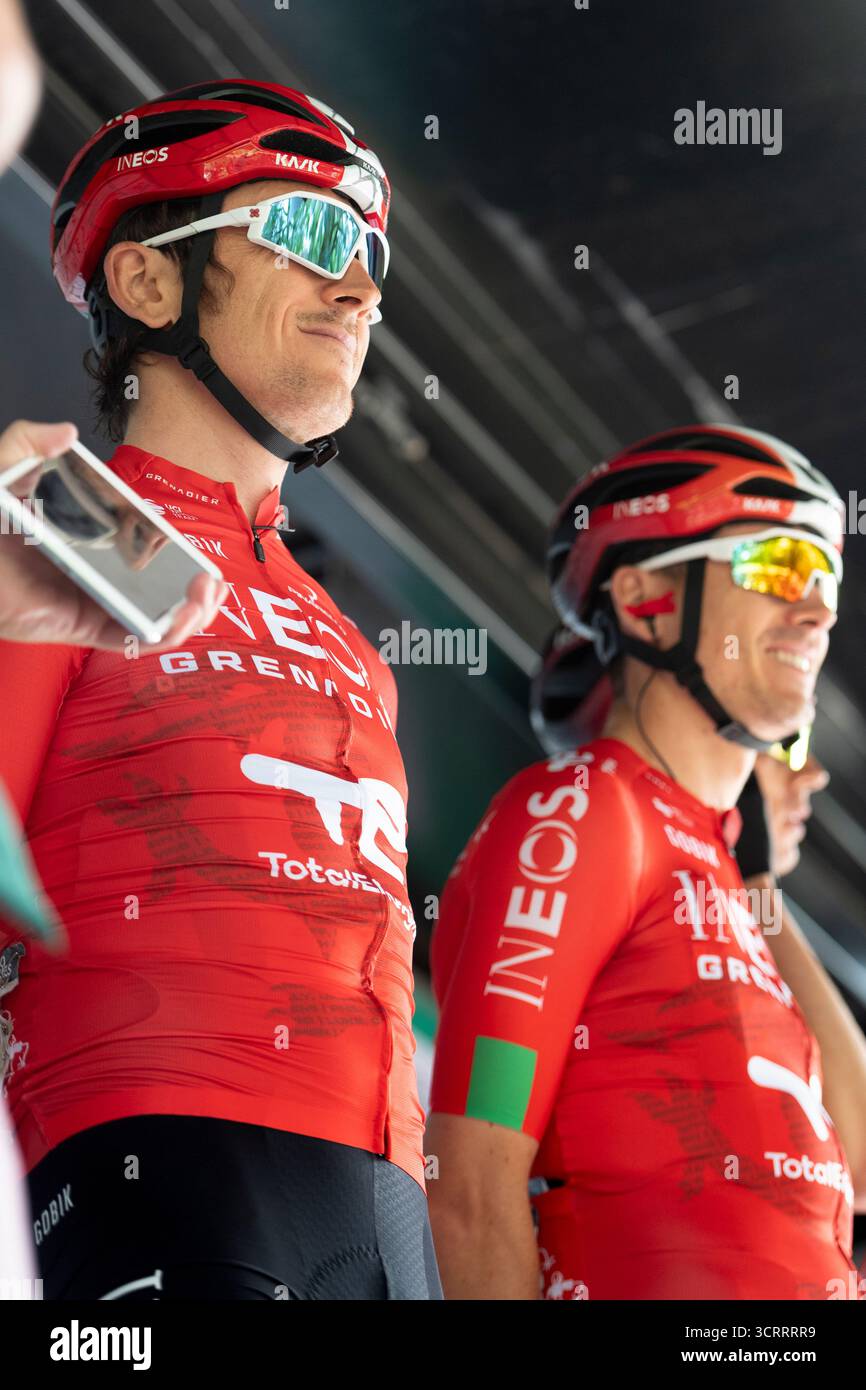 21st Tour of Britain 2025,  Pontypool, Wales Geraint Thomas onstage being presented to supporters, with Ben Swift both of Team Ineos Grenadies Stock Photo