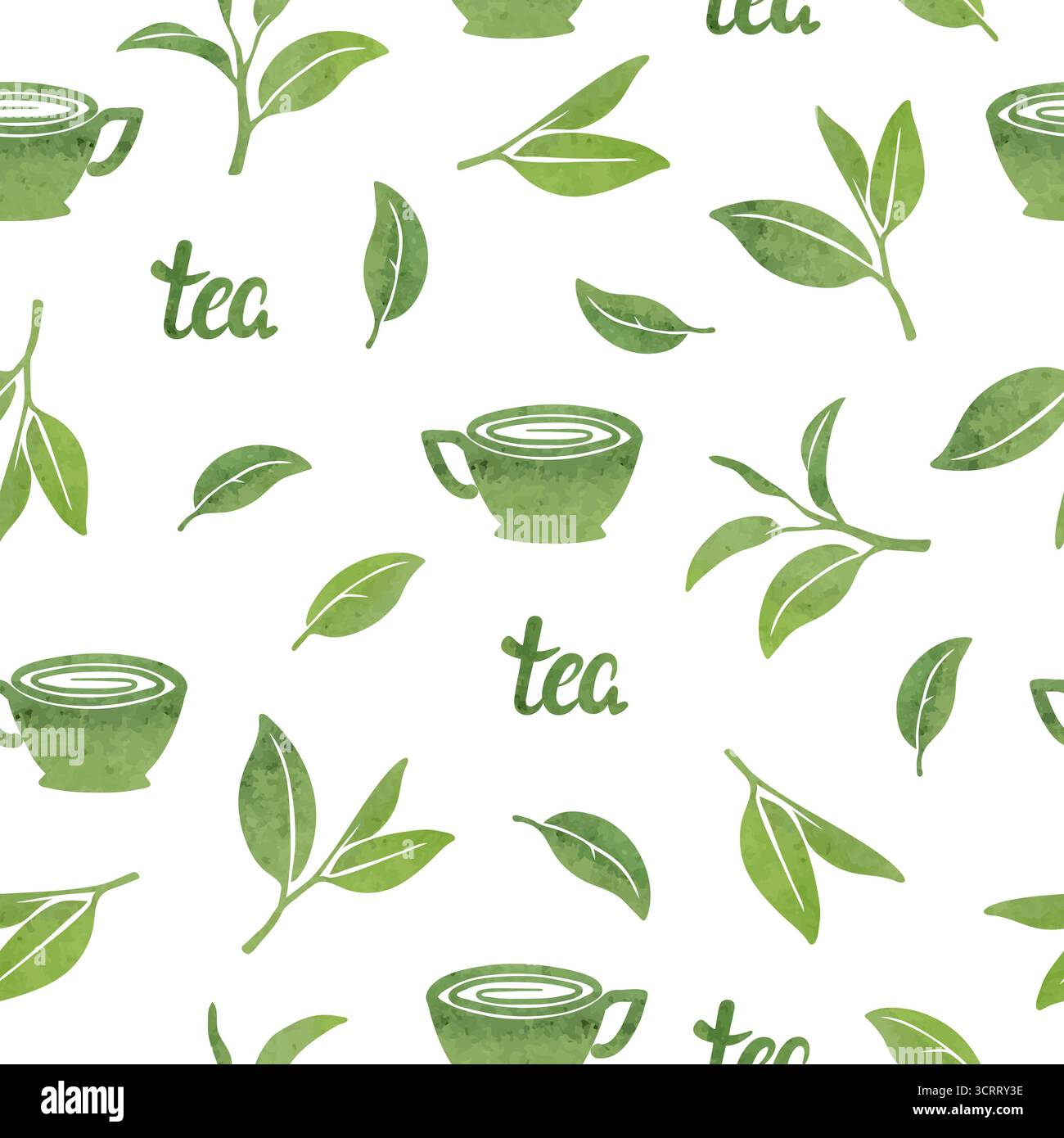 Green tea seamless pattern with watercolor leaves and cups Stock Vector