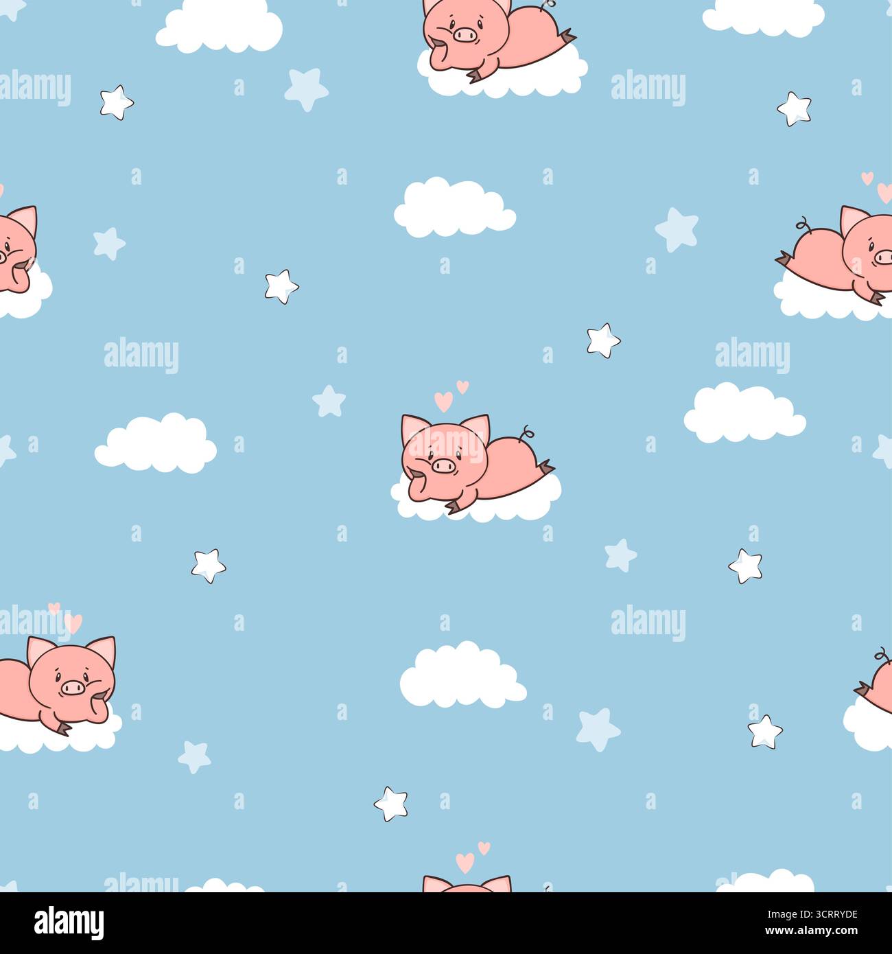 Cute pigs and clouds seamless pattern. Vector baby print Stock Vector