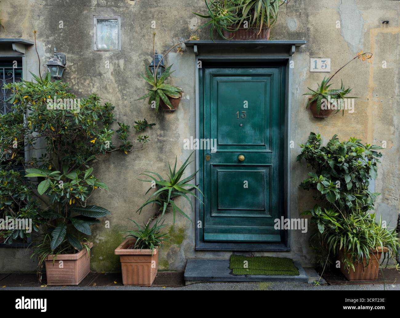 Old Italian house facade with a vintage wood entrance door. Weathered plaster wall, rustic textures, aged wood, and Mediterranean architectural detais - Smartphone Captured Stock Image