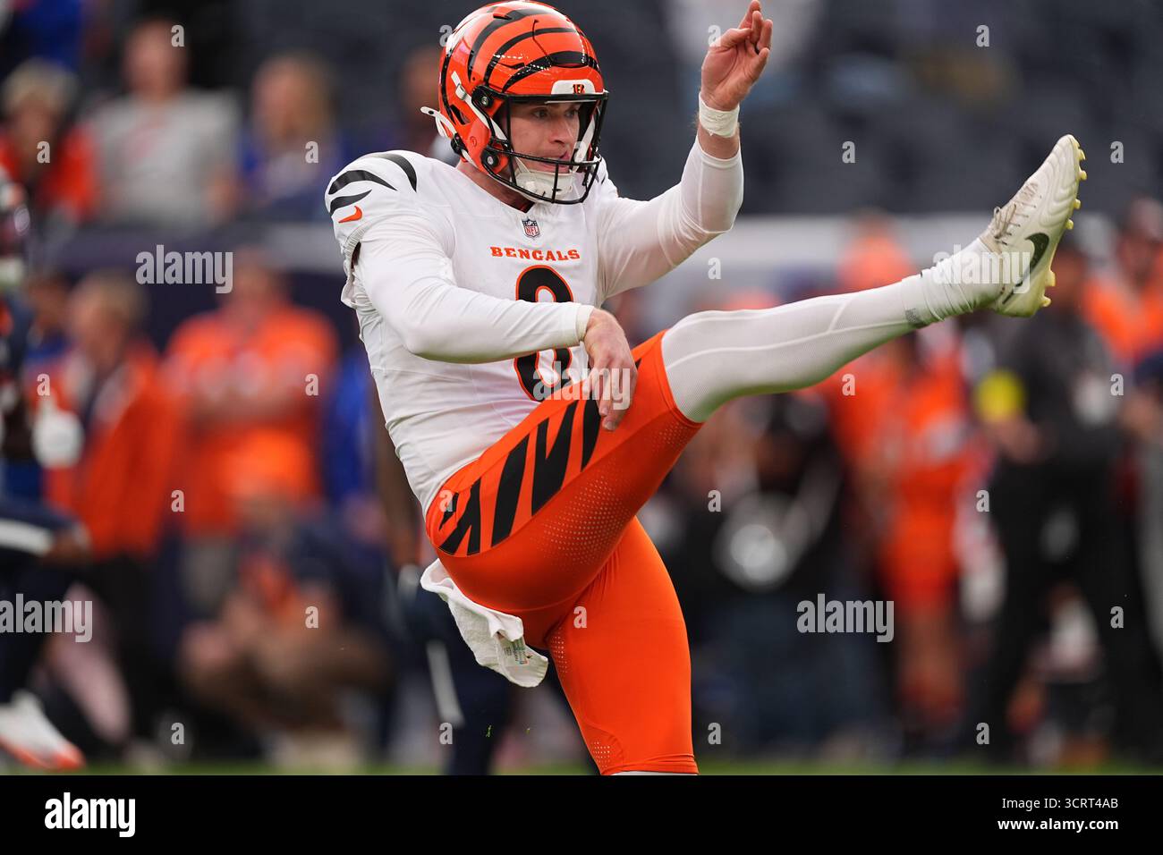 Cincinnati Bengals punter Ryan Rehkow (8) warms up before an NFL ...