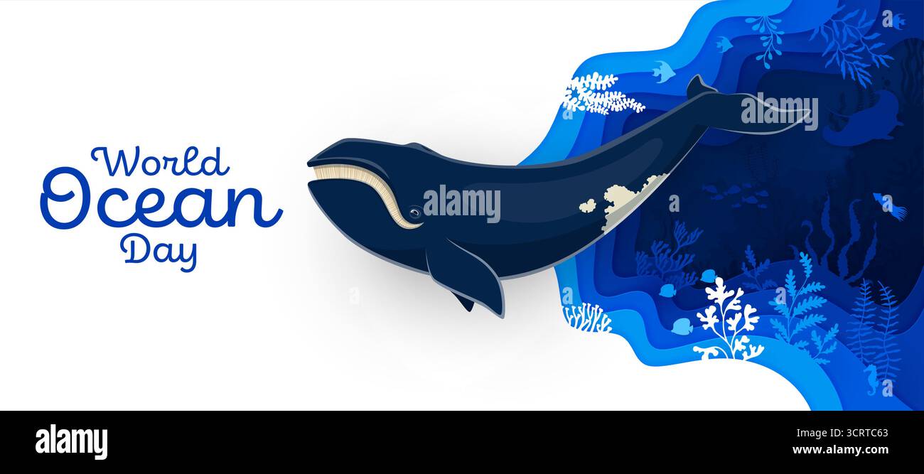 Oceans day paper cut banner with whale character. 3d vector save the ...