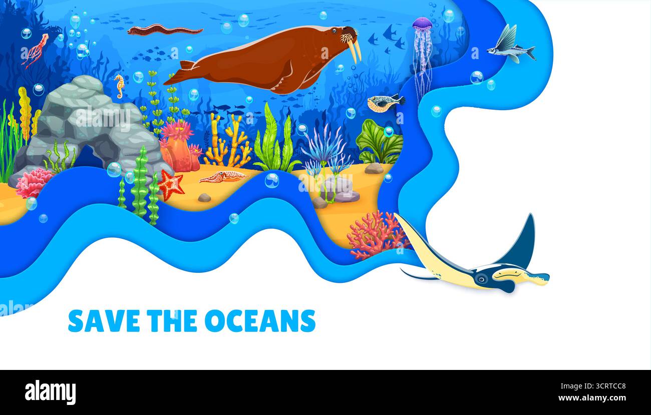Paper cut underwater landscape with sea animals. Save the ocean banner ...