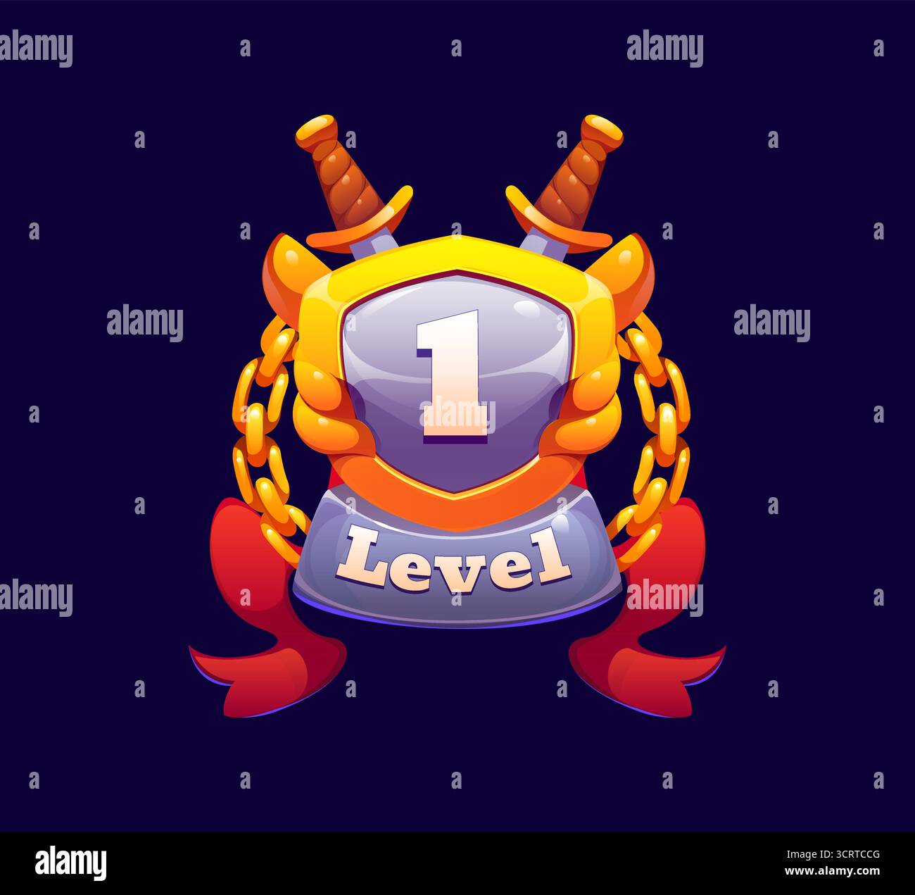 Game rank level up badge icon, victory shield asset with swords, gold ...