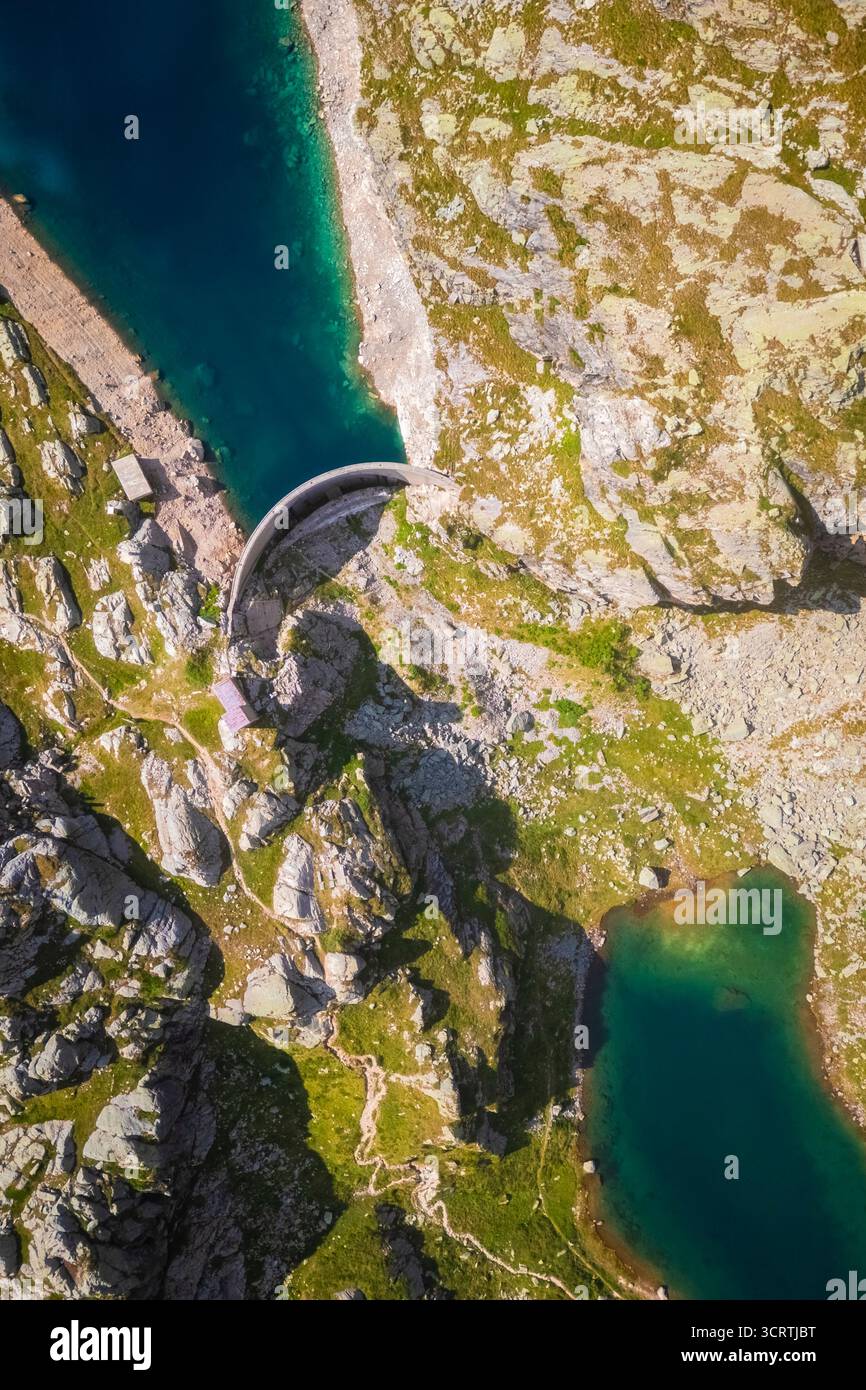 Aerial view of the Lago Campelli alto and Lago Campelli basso during summer time. Valgoglio, Val Seriana, Bergamo district, Lombardy, Italy. Stock Photo