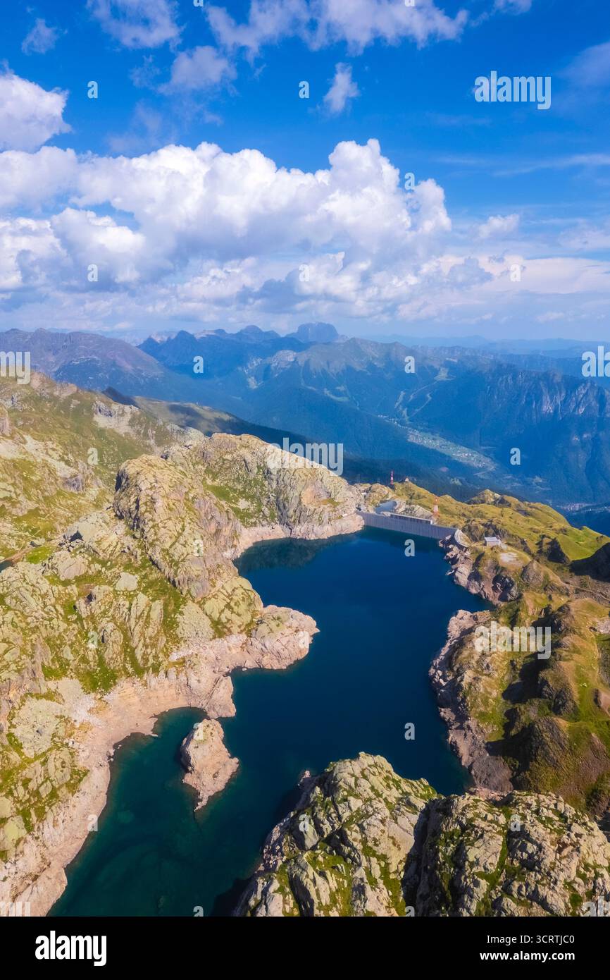 Aerial view of the Lago Nero during summer time. Valgoglio, Val Seriana, Bergamo district, Lombardy, Italy, Southern Europe. Stock Photo