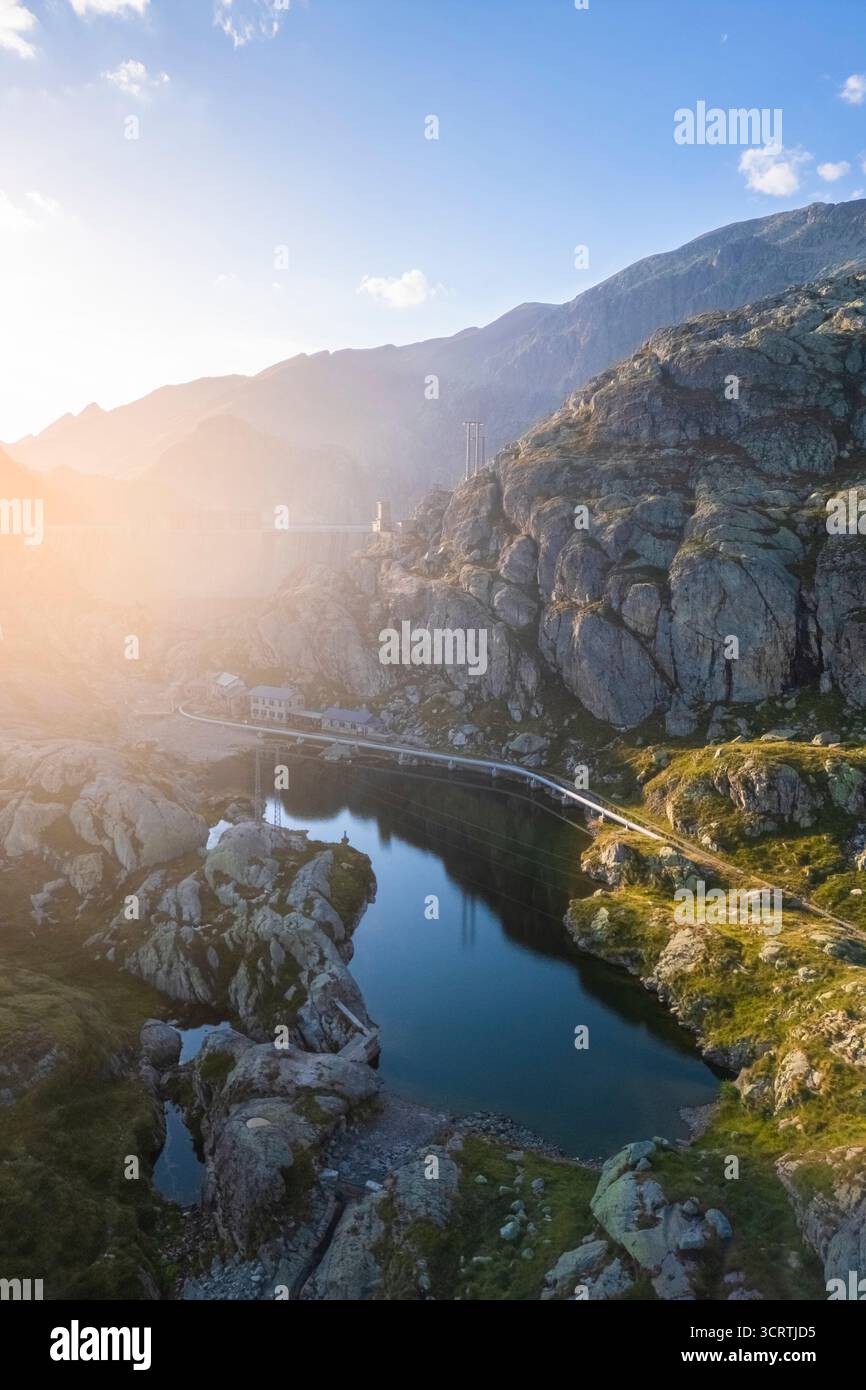 Aerial view of the Lago del rifugio and Lago Nero refuge during summer at sunset. Valgoglio, Val Seriana, Bergamo district, Lombardy, Italy, Europe. Stock Photo