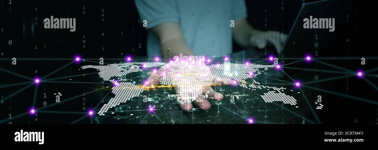 Innovative digital background with world map network and glowing connection points. Concept of cloud computing, blockchain, big data, artificial intel Stock Photo
