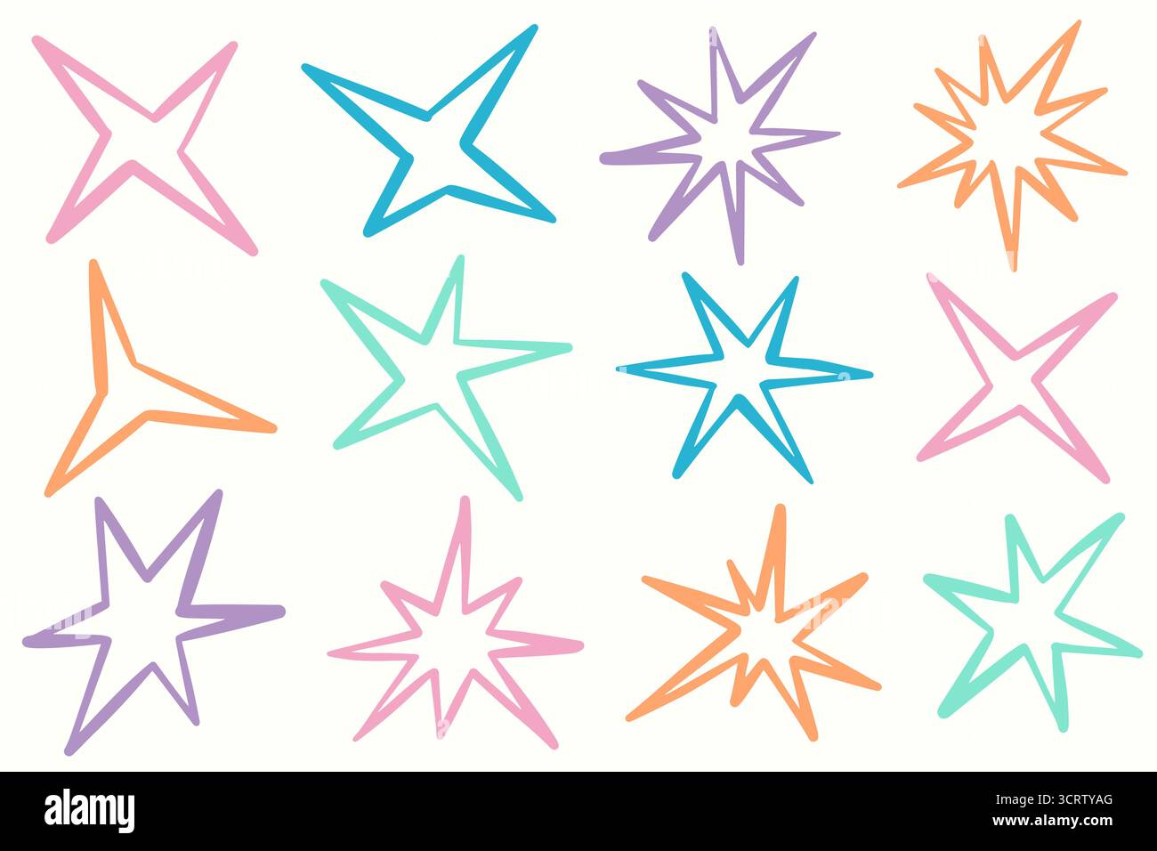 Irregular star shapes. Abstract vector spiky sparks. Random geometric elements on white background. Retro design elements Stock Vector