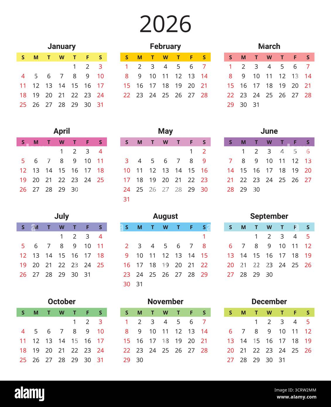 Calendar for 2026 year. Each month in a different color Stock Vector