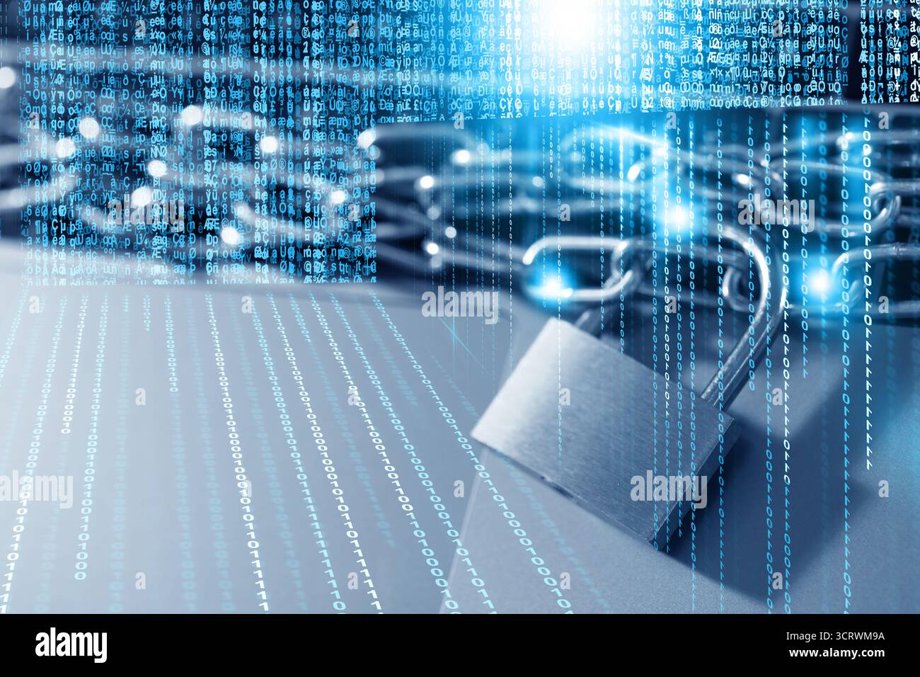 Padlock with chain on laptop, toned in blue. Programming codes. Cyber security Stock Photo