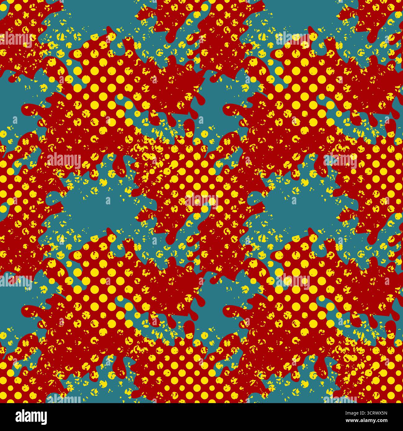 Seamless vector pattern featuring abstract red blobs with yellow polka dots on a teal background. Stock Vector