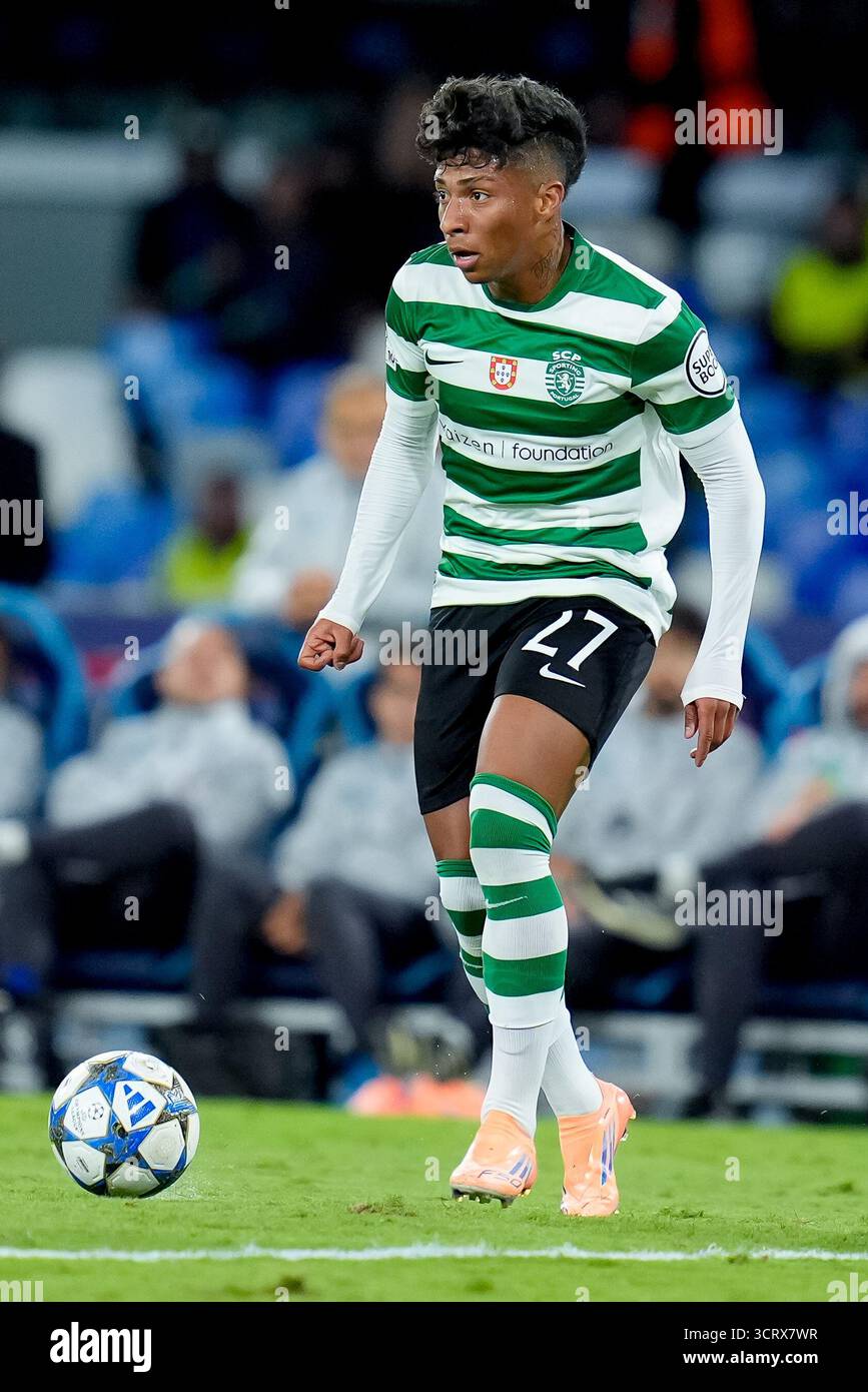 Neaples, Italy. 01st Oct, 2025. Alisson Santos of Sporting CP in action ...