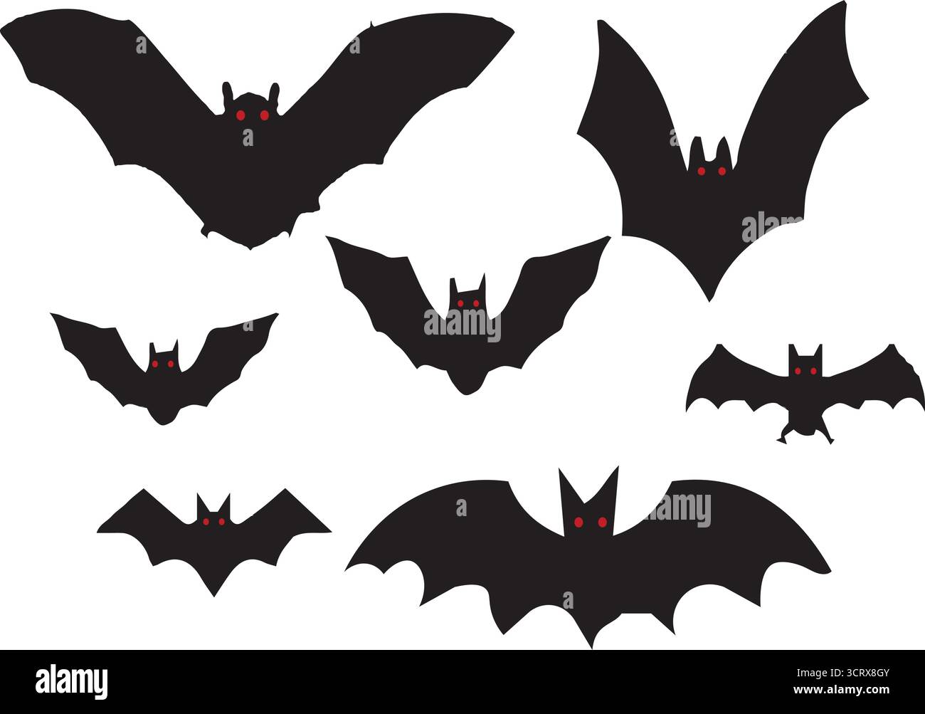 Flying Bat Silhouettes with Red Eyes – Spooky Halloween Bats Collection ...