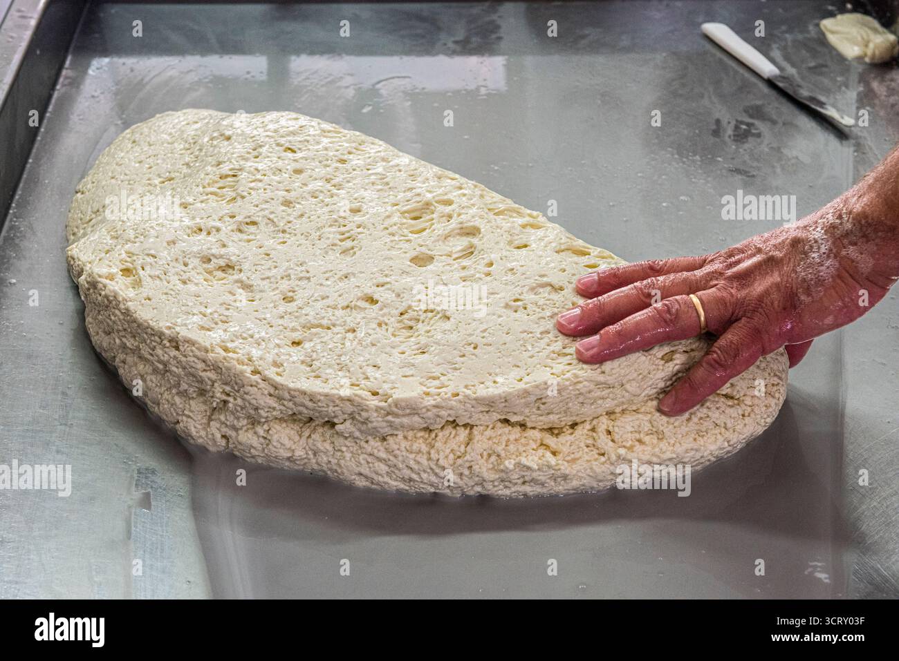 A Sicilian cheesemaker makes tuma from sheeps' milk and rennet, the first stage of producing pecorino cheese (Sicily, Italy) Stock Photo