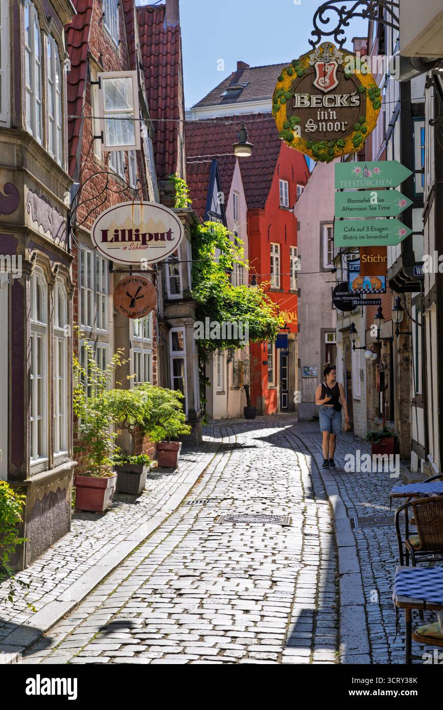 Cobbled street and old traditional houses in the Schnoor Quarter, Bremen, Germany, Europe Stock Photo