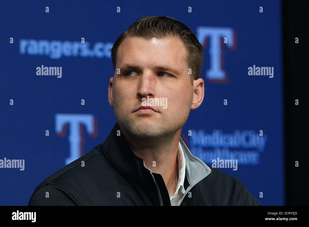Texas Rangers manager Ross Fenstermaker looks on during an end of ...