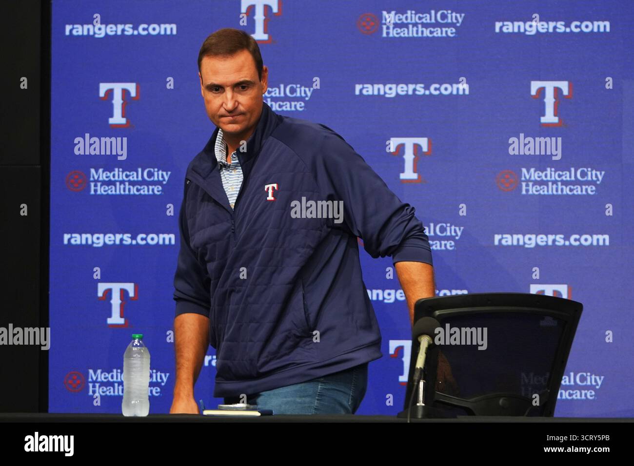 Texas Rangers president of baseball operations Chris Young concludes an ...