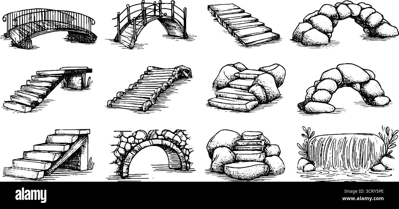 Hand drawn doodle icons set of bridge and pier structures for design ...