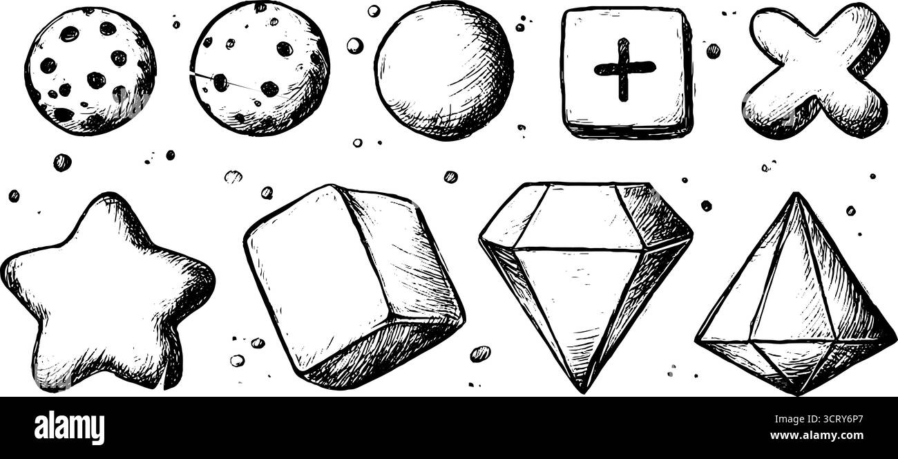 Hand drawn doodle icons set featuring geometric shapes and clusters of ...